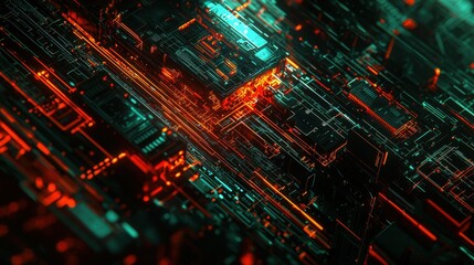 Fototapete - Dynamic abstract digital circuitry virtual environment technology artwork futuristic viewpoint illuminating concepts