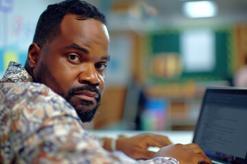 Aufkleber - A person sitting at a desk with a laptop open, possibly working or browsing