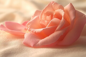 Poster - A single pink rose sits atop a crisp white sheet, perfect for using in still life or beauty photography