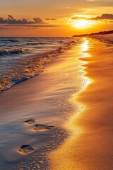 Poster - A serene sunset scene on a beach with visible footprints, suitable for travel or lifestyle images
