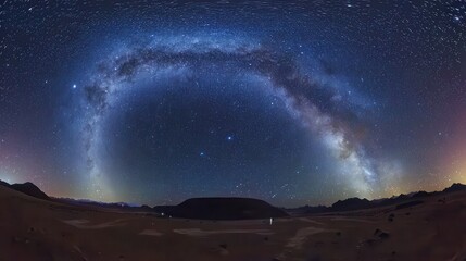 Panorama blue night sky with Milky Way and stars, showcasing a cosmic and serene scene.