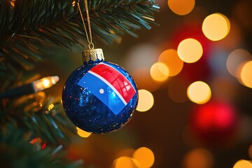 Poster - A Christmas ornament hangs from the branch of a decorated Christmas tree