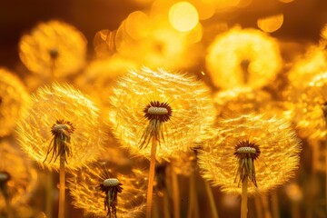 Poster - A bouquet of bright yellow dandelions growing wild in a lush green meadow