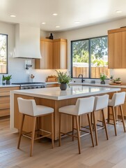 Canvas Print - This modern kitchen features warm wood cabinetry, a large island with bar stools, and plenty of natural light, creating a cozy atmosphere perfect for cooking and entertaining family and guests