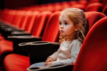 Poster - A young girl sits comfortably in a bright red theater seat, ready for the show