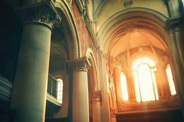 Poster - A church with stone columns and a clock on the wall, suitable for architectural or historical contexts