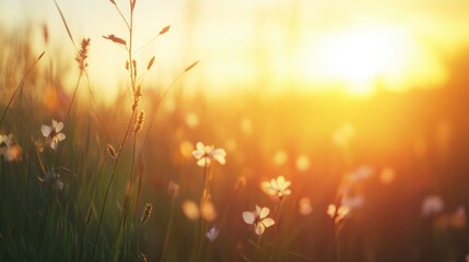 Poster - A serene image of a field with the sun setting in the background, perfect for use in outdoor or nature-themed projects