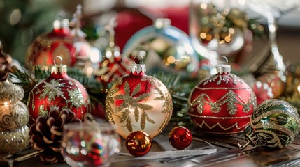 Aufkleber - A festive table decorated with many Christmas ornaments