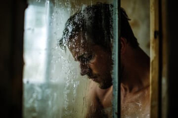 Poster - A shirtless man stands in front of a window with a calm expression