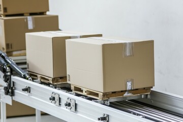 Poster - Conveyor belt transporting boxes, industrial scene