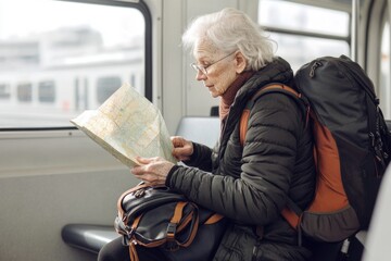Aufkleber - A person sitting on a bus studying a map, possibly planning a trip or navigating an unfamiliar area