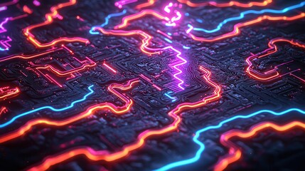 Fototapete - Dynamic circuit patterns digital realm abstract art neon colors close-up view technology visualization