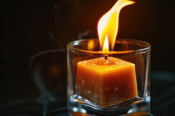 Poster - A lit candle inside a glass with wisps of smoke emerging, perfect for use as an atmospheric background or to illustrate the concept of introspection