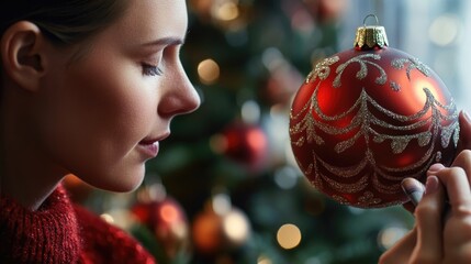 Poster - A woman holds a bright red ornament near a decorated Christmas tree
