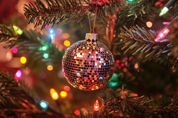 Poster - A shiny disco ball hanging from a decorated Christmas tree
