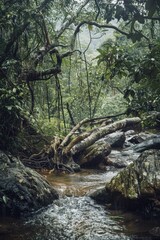 Poster - A serene river flows gently through a lush green forest, surrounded by tall trees and verdant vegetation