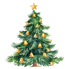 a watercolor vector of a traditional christmas tree, beautifully decorated with ornaments, lights, a