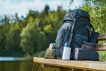 Poster - A large backpack is sitting on top of a wooden bench, waiting to be used for its next adventure
