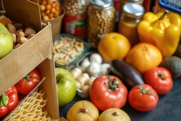 Poster - A colorful display of fresh fruits and vegetables on a table, ideal for use in food, cooking or health-related contexts