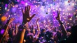 © Chandlerlikes - Close-up photo of many party people dancing with purple lights and confetti flying everywhere at a nightclub event, hands raised up, wearing shiny clothes