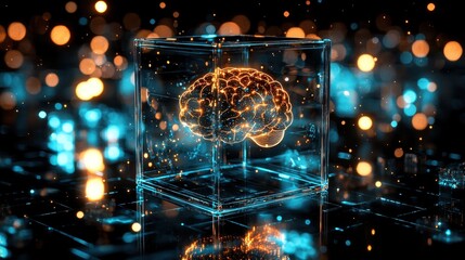 Poster - Digital Brain in Glass Cube Surrounded by Glowing Particles and Lights, Representing Advanced Technology, Artificial Intelligence, and Neural Networks