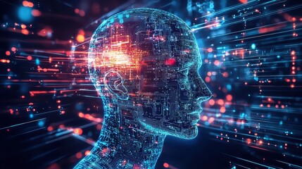 Poster - Futuristic Concept of Artificial Intelligence with Digital Data Flow Representing Human-Like Face in a Cyber Environment and Data Visualization Overload