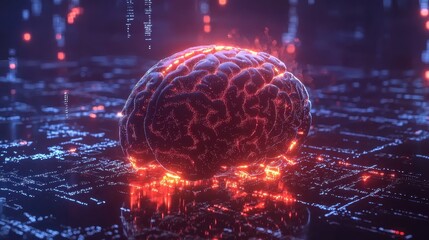 Poster - Futuristic Visualization of a Glowing Brain Surrounded by Digital Elements and Data Streams, Representing Artificial Intelligence and Neural Networks in a High-Tech Environment