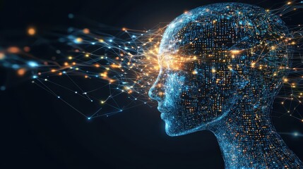 Poster - Futuristic Human Head Profile with Digital Data Network and Glowing Connections Representing Advanced Technology and Artificial Intelligence Innovations