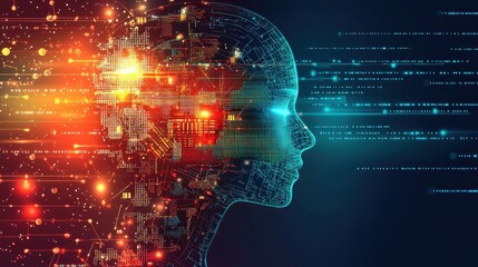Poster - Futuristic Digital Human Profile with Abstract Lights and Data Streams Representing Artificial Intelligence and Technology Advancements in the Modern World