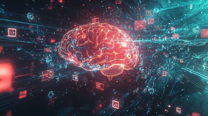 Poster - Conceptual Representation of an Abstract Brain with Data Flow and Digital Connection in a Futuristic Environment