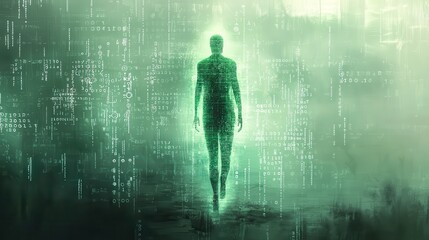 Poster - Ethereal Figure Emerging from Digital Matrix Surrounded by Glowing Code in Abstract Sci-Fi Landscape, Representing Technology and Artificiality