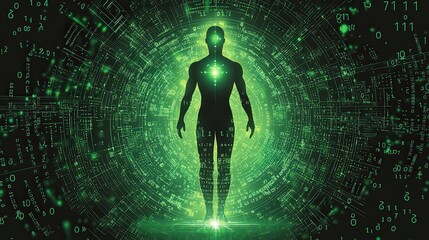 Poster - Abstract representation of a human figure surrounded by digital elements and binary code, symbolizing technology, data, and human existence in a vibrant green atmosphere