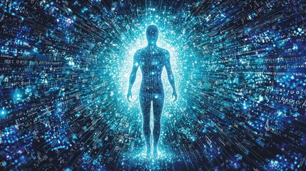 Poster - Ethereal Human Silhouette Surrounded by Glowing Data Streams and Digital Effects Representing Connection, Technology, Knowledge, and Modern Science in a Cosmic Background