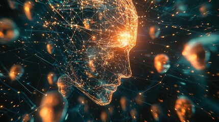 Poster - Abstract representation of a human head composed of glowing networks, threads, and particles, showcasing advanced technology and artificial intelligence concepts in a digital landscape.