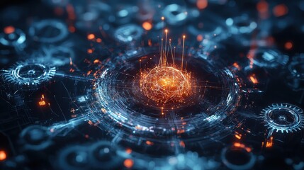 Poster - Abstract Digital Illustration of a Futuristic Core Surrounded by Geometric Shapes and Light Elements Highlighting Technology and Innovation
