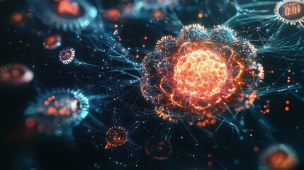 Poster - Abstract Visualization of Molecular Structures and Cellular Patterns in a Colorful, High-tech Environment Representing Scientific Discovery and Innovation