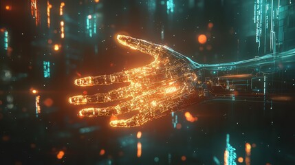 Poster - Futuristic Cybernetic Hand Reaching Out in a Digital Environment with Glowing Circuitry and Abstract Data Streams