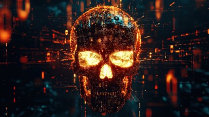 Poster - Abstract digital representation of a glowing skull surrounded by dynamic data streams and luminous particles, illuminating themes of technology and mortality.