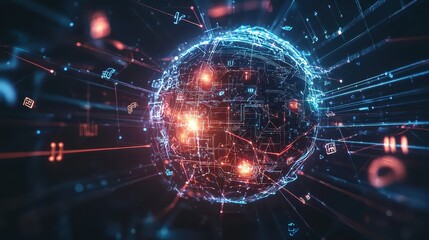Poster - Futuristic Digital Globe Representing Global Connectivity and Data Transfer with Glowing Particles and Complex Network Lines in a Dark Background