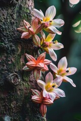 Poster - Close up shot of colorful flowers growing on a tree trunk, great for nature or gardening themes