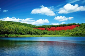 Poster - A serene lake scene with a dense forest surrounding the calm waters