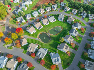 Wall Mural - aerial drone view of neighborhood street with single family homes