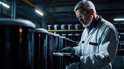 Poster - Skilled technician in a high-tech industrial lab examining containers with equipment, showcasing precision and attention to detail in a modern workspace environment.