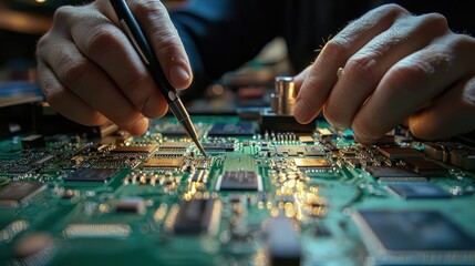Poster - Close-up of a technician's hands working meticulously on a printed circuit board, highlighting the intricate details of electronic components and connections in a tech environment