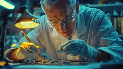 Poster - Detailed close-up of a focused scientist examining a microchip under a lamp in a high-tech laboratory, showcasing precision work and innovation in research