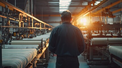 Poster - Man in Dark Work Attire Observing Textile Production Process While Sunlight Illuminates Factory Floor Creating a Warm and Industrial Atmosphere