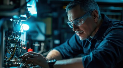 Poster - Focused Engineer Working on Complex Machinery in Industrial Setting, Examining Electronic Components with Precision and Care Under Bright Workspace Lighting