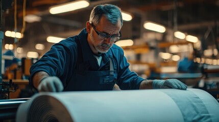 Poster - Skilled Worker Focused on Precision in Paper Manufacturing Factory, Demonstrating Craftsmanship and Dedication in Industrial Environment