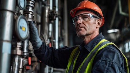 Poster - Skilled industrial worker inspecting machinery in a factory setting, wearing safety gear, orange hard hat, and protective glasses, showcasing dedication and professionalism in the workplace