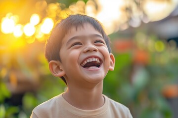 A happy child looks up with a smile on his face